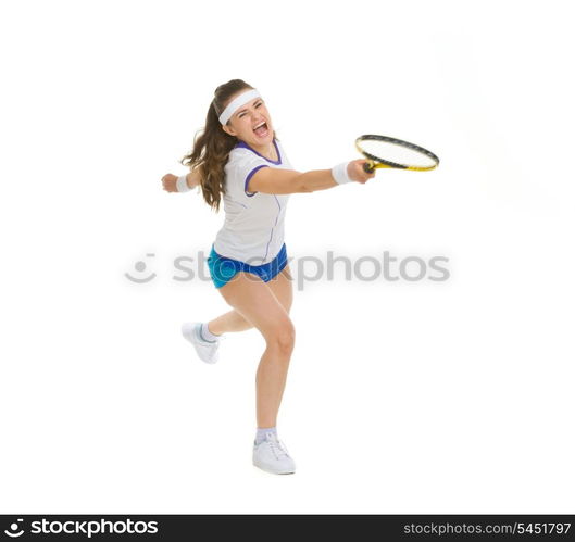 Raging tennis player hitting ball