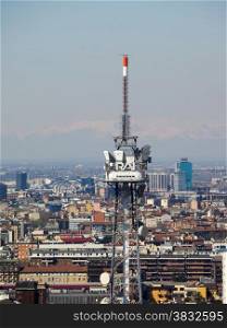 RAI tv tower. MILAN, ITALY - MARCH 28, 2015: The broadcasting tower of RAI Italian public television seen over the city skyline