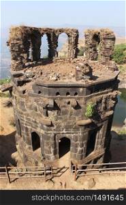 Raigad fort Main Towers, Raigad, Maharashtra, India. 350-year-old majestic fort of Chhatrapati Shivaji with 1737 steps to climb, 1,300 acres and largest fort complexes in India