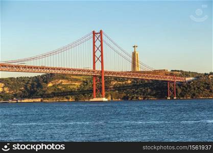 Rail bridge over the Tagus river in Lisbon, Portugal in a summer day