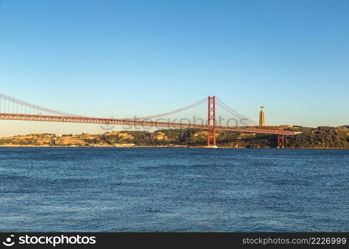 Rail bridge  over the Tagus river  in Lisbon, Portugal in a summer day