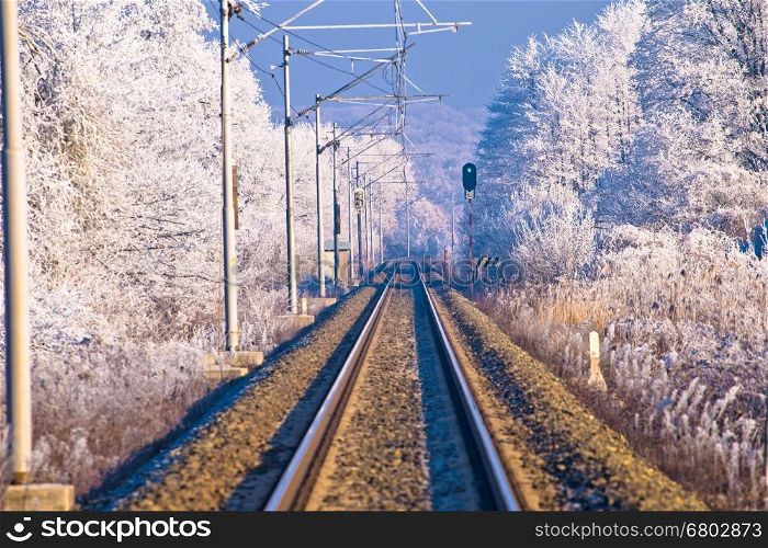 Rail track in winter landscape view, Croatia