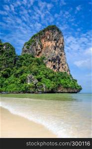 Railay beach and limestone cliffs in Krabi, Thailand. Railay beach in Krabi, Thailand