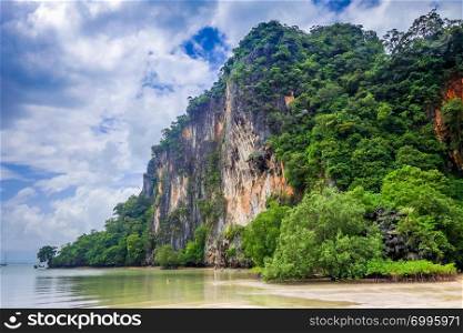 Railay beach, limestone cliffs and mangrove, Krabi, Thailand. Railay beach in Krabi, Thailand