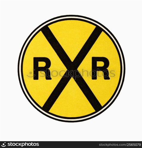 Railroad crossing sign against white background.