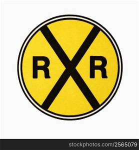 Railroad crossing sign against white background.