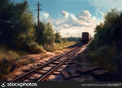 Railroad forest train. Rail nature. Generate Ai. Railroad forest train. Generate Ai