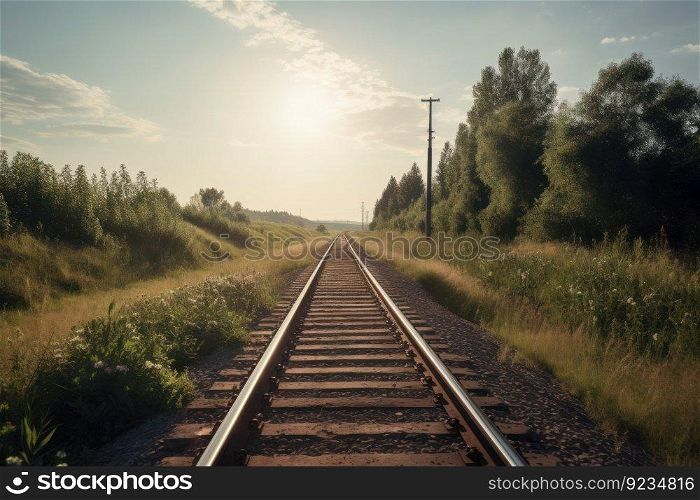 Railroad forest train sunlight. Industry travel. Generate Ai. Railroad forest train sunlight. Generate Ai