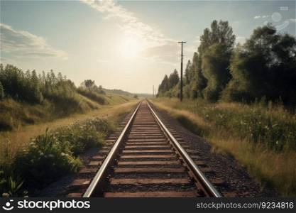 Railroad forest train sunlight. Industry travel. Generate Ai. Railroad forest train sunlight. Generate Ai