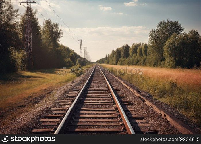 Railroad forest train sunset. Scenery aerial. Generate Ai. Railroad forest train sunset. Generate Ai