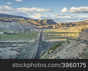 railroad in in the valley of upper Colorado RIver between State Bridge and Dotsero, Colorado, springtime scenery