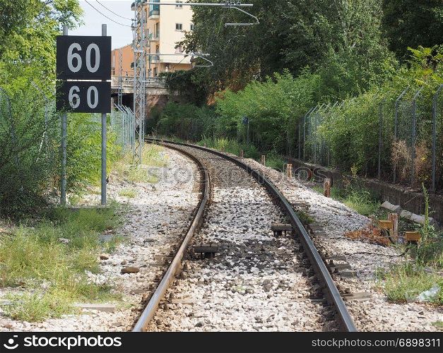 railroad railway track. railway railroad tracks for train public transport and speed limit sign
