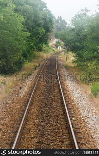 Railroad track winding through green misty forest, train point of view.