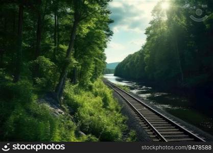 Railroad tracks in the forest and river. Landscape with railroad. Generative AI