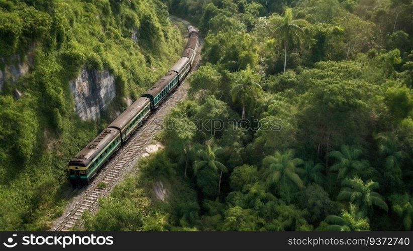 Railroad tracks with train carriages in the forest jungle, road travel. Active rest, tourism. AI generated.. Railroad tracks with train carriages in the forest jungle, road travel. AI generated.