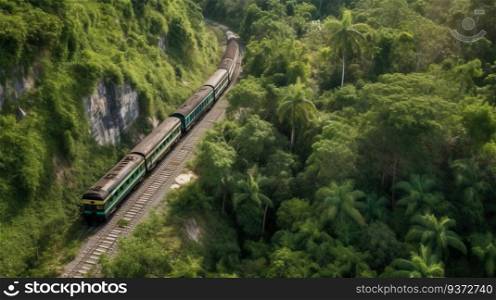 Railroad tracks with train carriages in the forest jungle, road travel. Active rest, tourism. AI generated.. Railroad tracks with train carriages in the forest jungle, road travel. AI generated.
