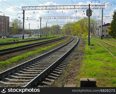 Railroad zone landscape with infrastructure for the traffic of electric locomotives