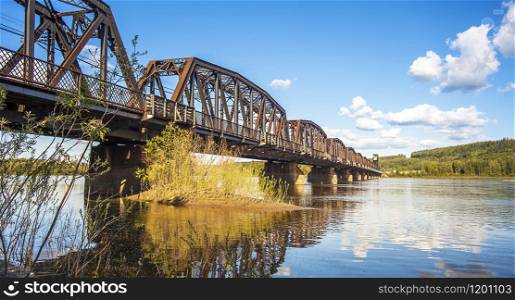 Railway bridge over the Fraser River in Prince George British Columbia Canada