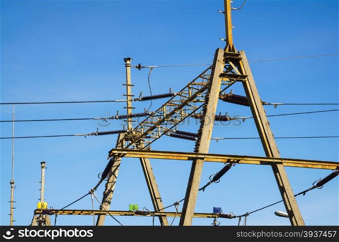 Railway electrification system. Overhead line wire over rail track. Power lines.. Overhead line wire over rail track. Power lines.