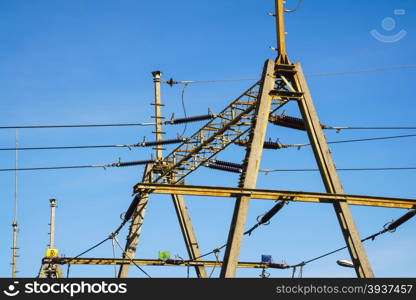 Railway electrification system. Overhead line wire over rail track. Power lines.. Overhead line wire over rail track. Power lines.