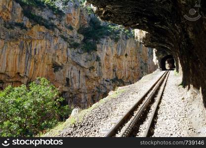 Railway in gorge near Diakopto, Greece