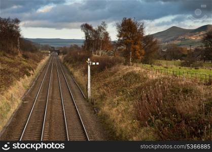 Railway lines from Booth to Edale with Mam Tor in Peak District National Park