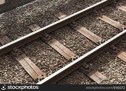 Railway or railroad block track structure, Train railway iron, closeup, Technology concept