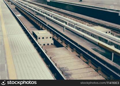 railway railroad track at train station. travel journey transportation concept