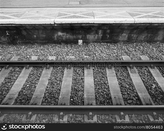 Railway railroad track. Railway railroad tracks for train public transport in black and white