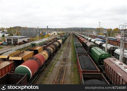Railway station and trains in Medvezshegors, Karelia, Russia