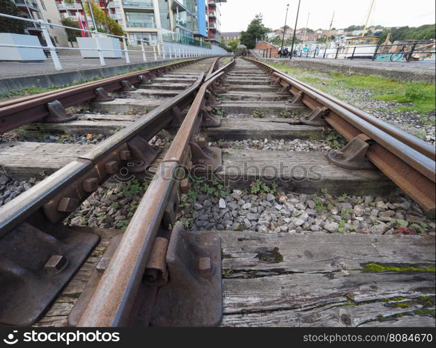 Railway track detail. Railway railroad tracks for train public transport