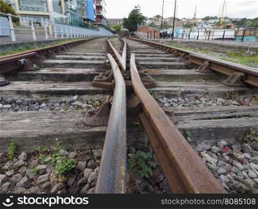 Railway track detail. Railway railroad tracks for train public transport