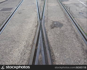 Railway track detail. Railway railroad tracks for train public transport