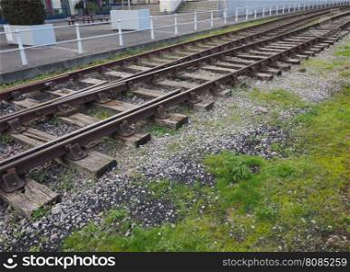 Railway track detail. Railway railroad tracks for train public transport