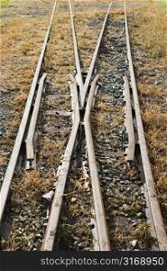 Railway track turnout breaking into two different directions.