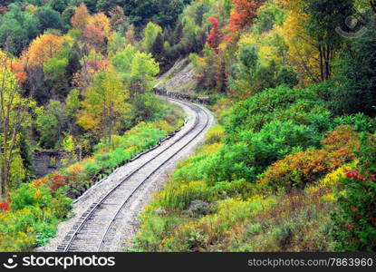 Railway tracks winding through forest in fall foliage.
