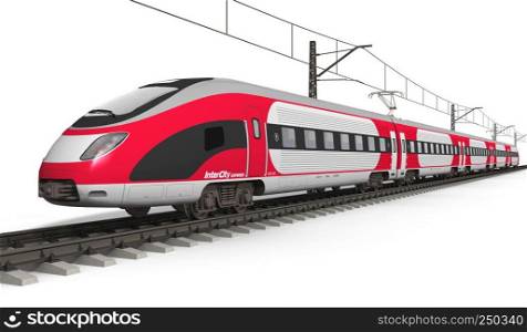 Railway transportation and railroad industry concept: red modern high speed electric streamlined fast train on rail track isolated on white background