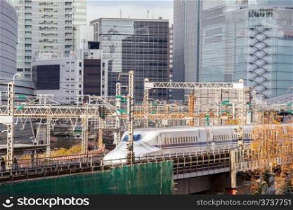 railway with skyline at yurakuchi near ginza Tokyo Japan for transportation background