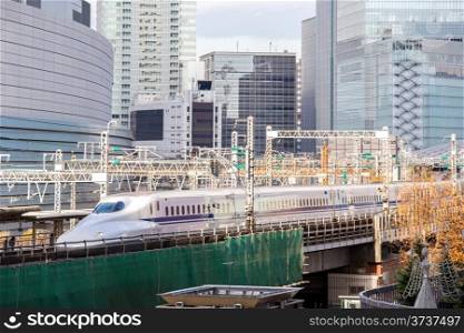 railway with skyline at yurakucho near ginza Tokyo Japan for transportation background
