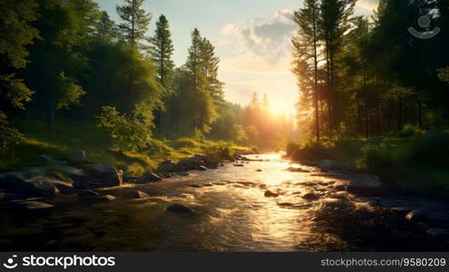 Rain forest and river view in the morning sunlight. Panorama Generative AI