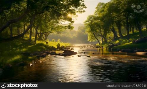 Rain forest and river view in the morning sunlight. Panorama Generative AI