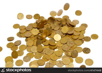 Rain of gold coins isolated on white.