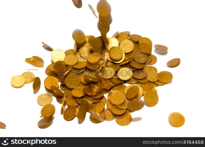 Rain of gold coins isolated on white.