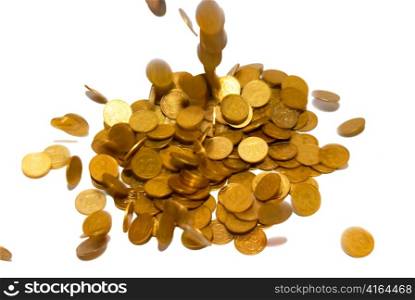 Rain of gold coins isolated on white.