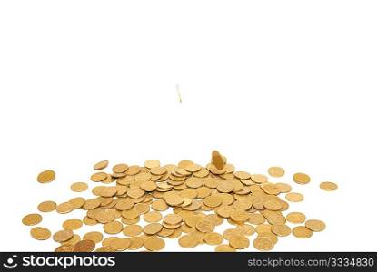 Rain of golden coins isolated on white