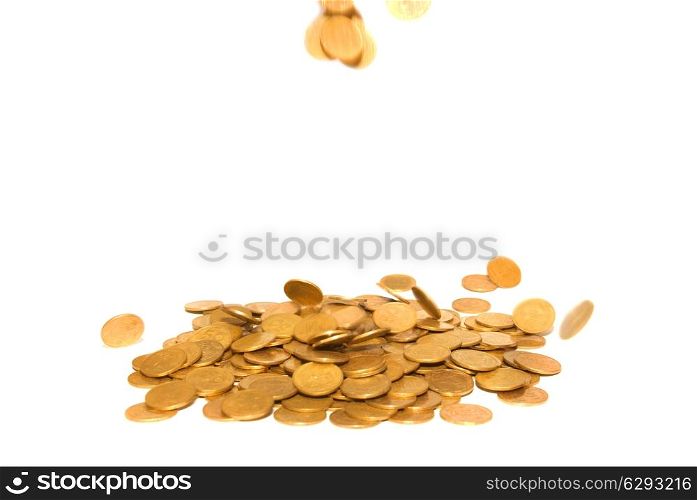 Rain of golden coins isolated on white