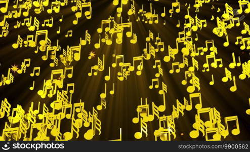 Rain of golden musical notes, computer generated. 3D rendering melodic backdrop. Rain of golden musical notes, computer generated. 3D rendering melodic background