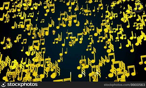 Rain of golden musical notes, computer generated. 3D rendering melodic backdrop. Rain of golden musical notes, computer generated. 3D rendering melodic background
