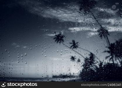Rain on tropical island beach. Water drops on the glass and dark palm tree silhouettes.