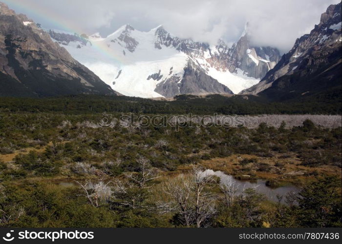 Rainbow and mountain area in national park, El Chalten, Argentina